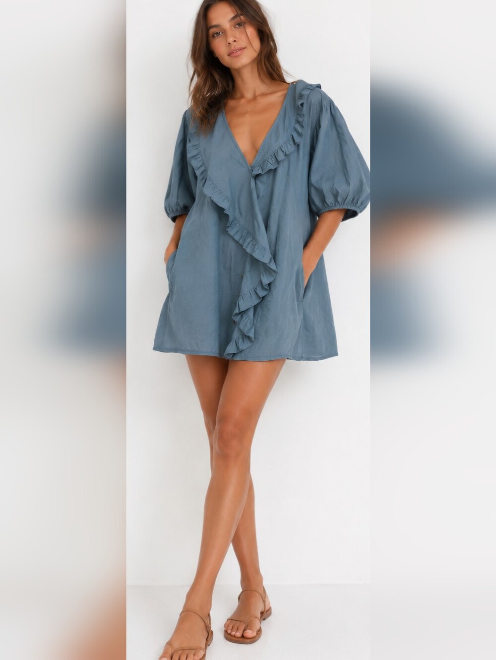Free People cotton blue boho Oversized Cottagecore Ruffle pockets mini dress